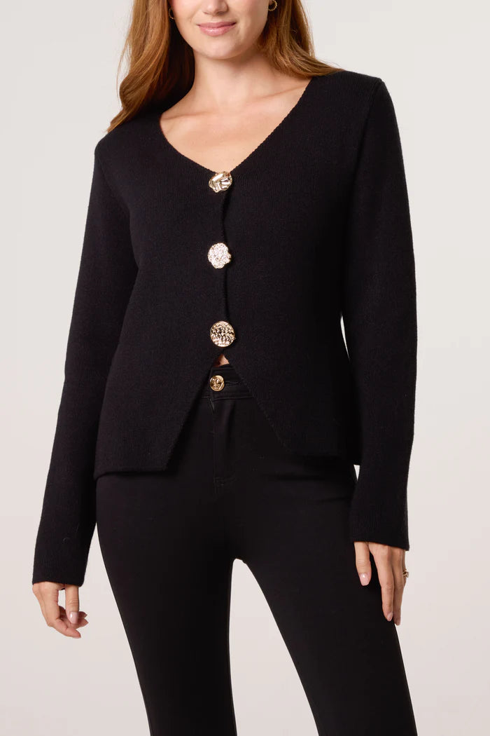 Gold Button V-Neck Cardigan