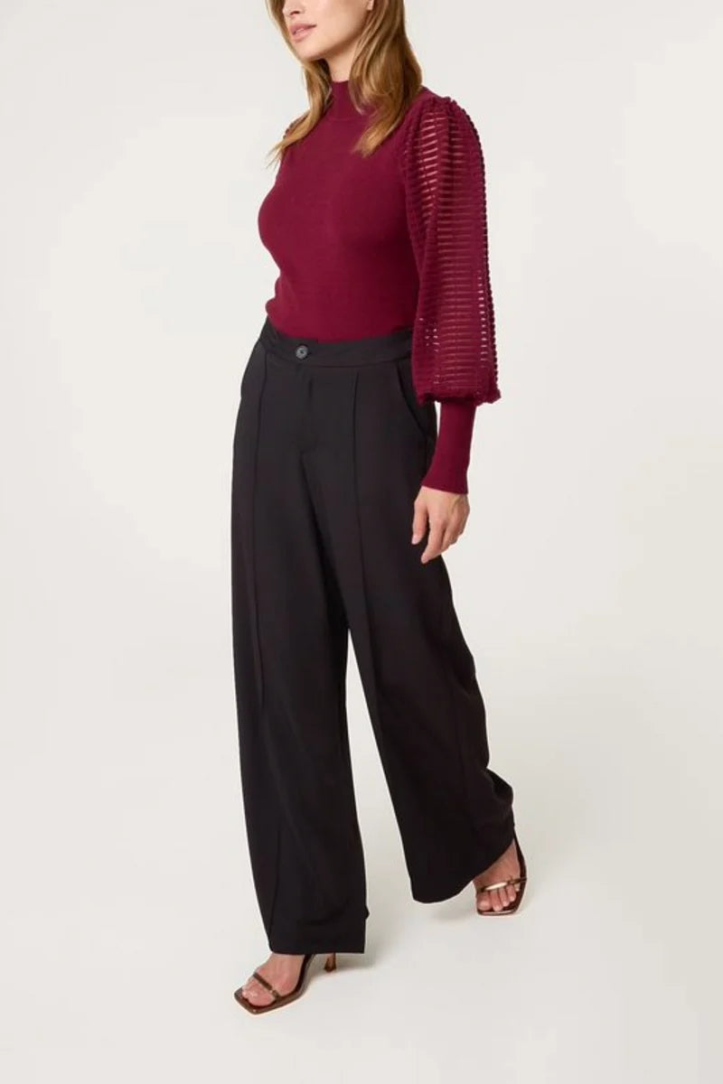 MESH SLEEVE HIGH NECK KNIT TOP