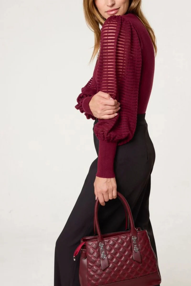 MESH SLEEVE HIGH NECK KNIT TOP