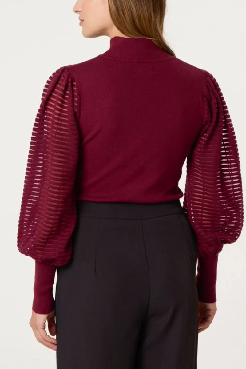 MESH SLEEVE HIGH NECK KNIT TOP