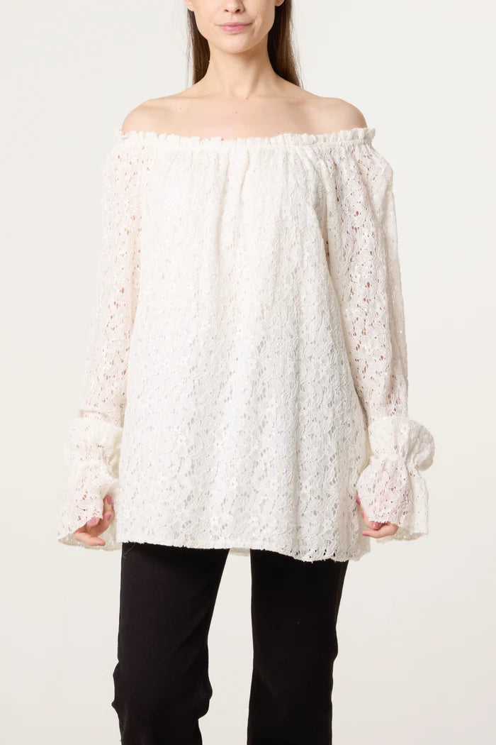 OFF THE SHOULDER SEQUIN LACE BLOUSE